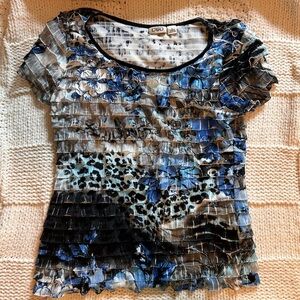 Y2K Cato Blue Black Tiered Maximalist Floral Animal Print Blouse